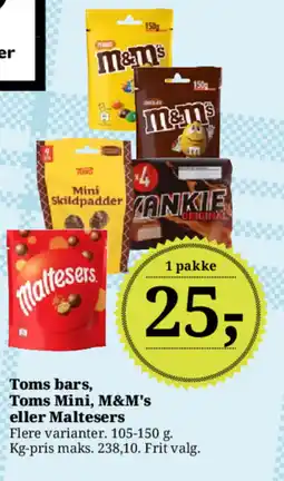 Dagli'Brugsen Toms bars, Toms Mini, M&M's eller Maltesers tilbud