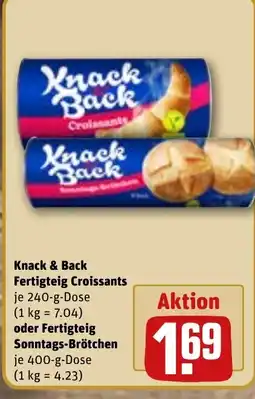 REWE DE Knack & Back Fertigteig Croissants , oder Fertigteig Sonntags-Brötchen tilbud