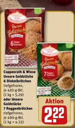 REWE DE Coppenrath & Wiese Unsere Goldstücke 6 Dinkelbrötchen , oder Unsere Goldstücke 7 Roggenbrötchen tilbud