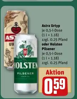 REWE DE Astra Urtyp , oder Holsten Pilsener tilbud