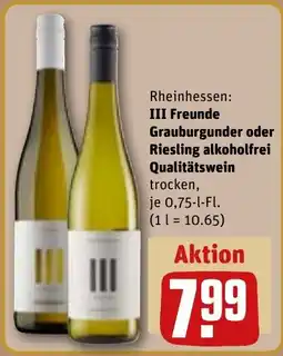 REWE DE Rheinhessen: iii freunde grauburgunder oder riesling alkoholfrei qualitätswein tilbud