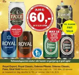 Købmandsgården Royal Export, Royal Classic, Odense Pilsner, Odense Classic, Faxe, Giraf Gold, DKK 60 tilbud