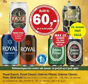 Royal Export, Royal Classic, Odense Pilsner, Odense Classic, Faxe, Giraf Gold, DKK 60