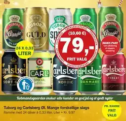 Købmandsgården Tuborg og Carlsberg Øl. Mange forskellige slags, DKK 79 tilbud