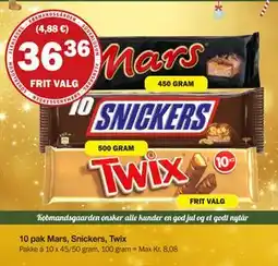 Købmandsgården 10 pak Mars, Snickers, Twix, DKK 36.36 tilbud