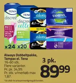 Fleggaard Always Dobbeltpakke, Tampax el. Tena, DKK 89.99 tilbud