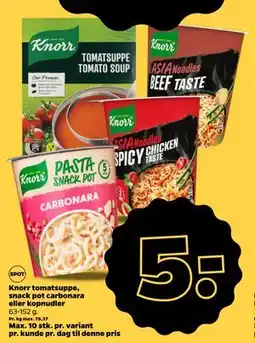 Netto Knorr tomatsuppe, snack pot carbonara eller kopnudler, DKK 5 tilbud