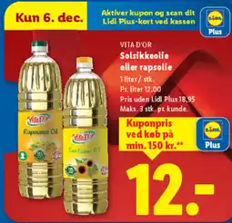 Lidl VITA D'OR Solsikkeolie eller rapsolie tilbud