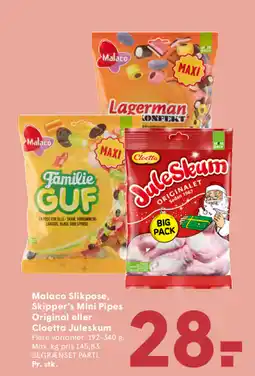 SPAR Malaco Slikpose, Skipper's Mini Pipes Original eller Cloetta Juleskum tilbud