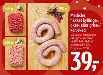 Medister, hakket kyllinge-, okse- eller grise-/ kalvekød