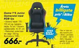 Bilka Game Y’S Junior Gamerstol med RGB-lys, DKK 666 tilbud