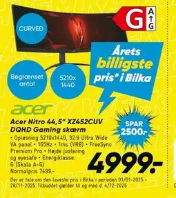 Bilka Acer Nitro 44,5” XZ452CUV DQHD Gaming skærm, DKK 4999 tilbud