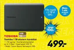 Bilka Toshiba 1 TB ekstern harddisk, DKK 499 tilbud