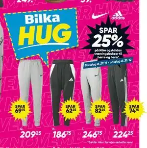 Bilka SPAR 25% på Nike og Adidas træningsbukser til herre og børn tilbud