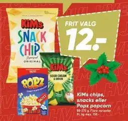 Bilka KiMs chips, snacks eller Popz popcorn, DKK 12 tilbud