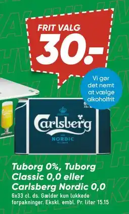 Bilka Tuborg 0%, Tuborg Classic 0,0 eller Carlsberg Nordic 0,0, DKK 30 tilbud