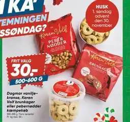 Bilka Dagmar vanilje kranse, Karen Volf brunkager eller pebernødder kæmpekøb, DKK 30 tilbud