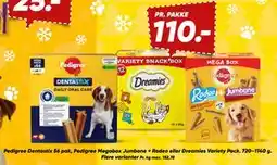 Bilka Pedigree Dentastix 56 pak, Pedigree Megabox Jumbone + Rodeo eller Dreamies Variety Pack, DKK 110 tilbud
