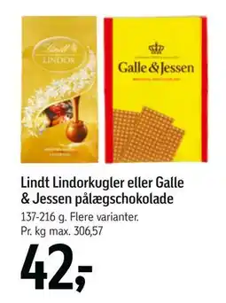 Føtex Lindt Lindorkugler eller Galle & Jessen pålægschokolade, DKK 42 tilbud