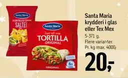 Føtex Santa Maria krydderi i glas eller Tex Mex, DKK 20 tilbud