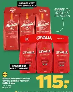 Netto Merrild mellemristet eller Gevalia original formalet kaffe 3-pak, DKK 115 tilbud