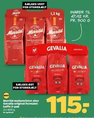 Merrild mellemristet eller Gevalia original formalet kaffe 3-pak, DKK 115