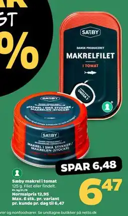 Netto Sæby makrel i tomat, DKK 6.47 tilbud