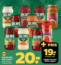 Netto Dolmio eller Ben's sauce, DKK 20, App-pris tilbud