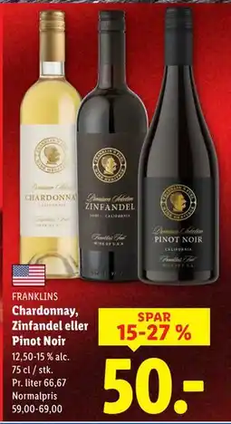 Lidl Chardonnay, Zinfandel eller Pinot Noir, DKK 50 tilbud