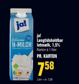 Otto Duborg ja! Langtidsholdbar letmælk, 1,5%, DKK 7.58 tilbud