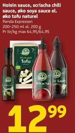 Løvbjerg Hoisin sauce, scriacha chili sauce, øko soya sauce el. Øko tofu naturel tilbud