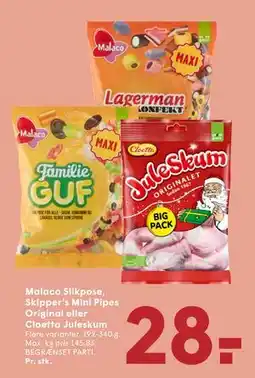 SPAR Malaco Slikpose, Skipper’s Mini Pipes Original eller Cloetta Juleskum, DKK 28 tilbud