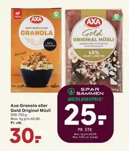 SPAR Axa Granola eller Gold Original Müsli, DKK 30, App-pris tilbud