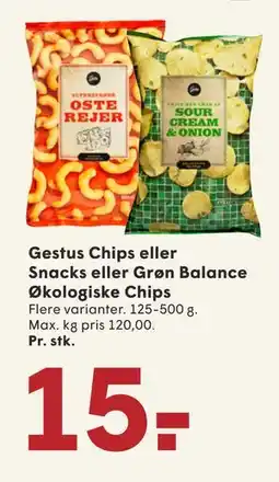 SPAR Gestus Chips eller Snacks eller Grøn Balance Økologiske Chips, DKK 15 tilbud