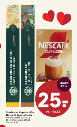 SPAR Starbucks Kapsler eller Nescafé Specialiteter, DKK 25 tilbud