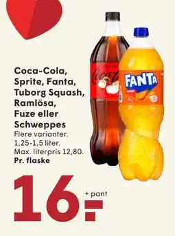 SPAR Coca-Cola, Sprite, Fanta, Tuborg Squash, Ramlösa, Fuze eller Schweppes, DKK 16 tilbud