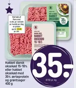 REMA 1000 Hakket dansk oksekød 15-18% eller hakket oksekød med 35% ærteprotein og grøntsager 400 g, DKK 35 tilbud