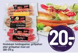 REMA 1000 Hvidebæk hotdogpølser, grillpølser eller grillpølser med ost 300-375 g, DKK 20 tilbud