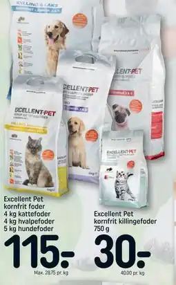 REMA 1000 Excellent Pet kornfrit foder 4 kg kattefoder 4 kg hvalpefoder 5 kg hundefoder, DKK 115 tilbud