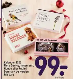 REMA 1000 Kalender 2026 Flora Danica, Ingemann, Hunde eller Fugle i Danmark og Norden Frit valg, DKK 99 tilbud