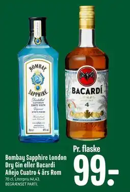 Min Købmand Bombay Sapphire London Dry Gin eller Bacardi Añejo Cuatro 4 års Rom, DKK 99 tilbud