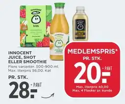 MENY INNOCENT JUICE, SHOT ELLER SMOOTHIE, DKK 28, App-pris tilbud