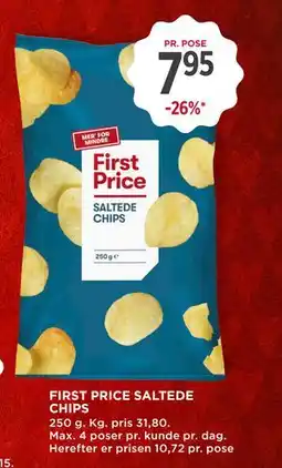 MENY FIRST PRICE SALTEDE CHIPS, DKK 7.95 tilbud