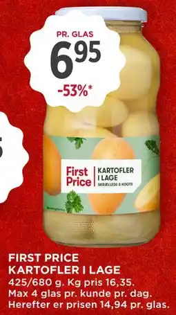 MENY FIRST PRICE KARTOFLER I LAGE, DKK 6.95 tilbud