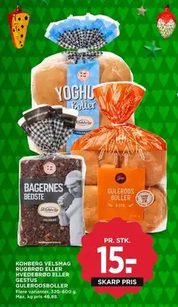 MENY KOHBERG VELSMAG RUGBRØD ELLER HVEDEBRØD ELLER GESTUS GULERODSBOLLER, DKK 15 tilbud