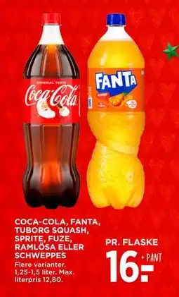 MENY COCA-COLA, FANTA, TUBORG SQUASH, SPRITE, FUZE, RAMLÖSA ELLER SCHWEPPES, DKK 16 tilbud