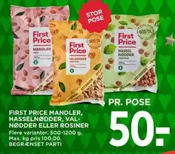 MENY FIRST PRICE MANDLER, HASSELNØDDER, VALNØDDER ELLER ROSINER., DKK 50 tilbud