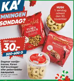 Bilka Dagmar vanilje- kranse, Karen Volf brunkager eller pebernødder kæmpekøb tilbud