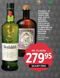 MENY Monkey 47 schwarz- wald dry gin, diplo- mático reserva exclusiva rom eller glenfiddich single malt scotch whisky tilbud