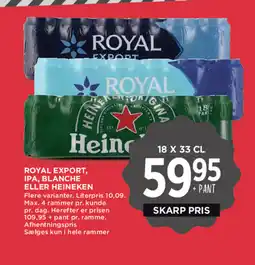 MENY Royal export, ipa, blanche eller heineken tilbud